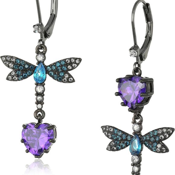 Mismatched Drop Earrings Hematite Tone CZ & Glass Women's Jewelry - Picture 1 of 2